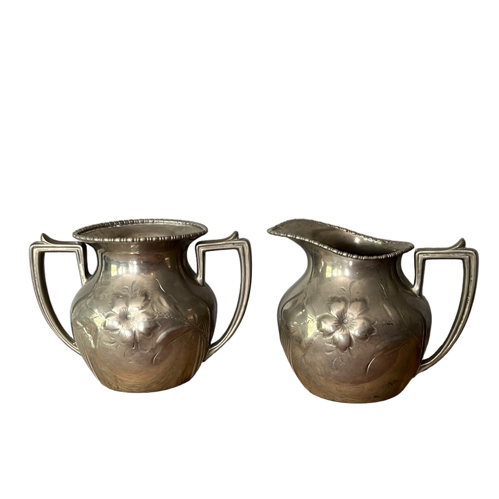 Antique Victor Silver Co Quadruple Plate Creamer & Sugar Bowl Floral Silverplate